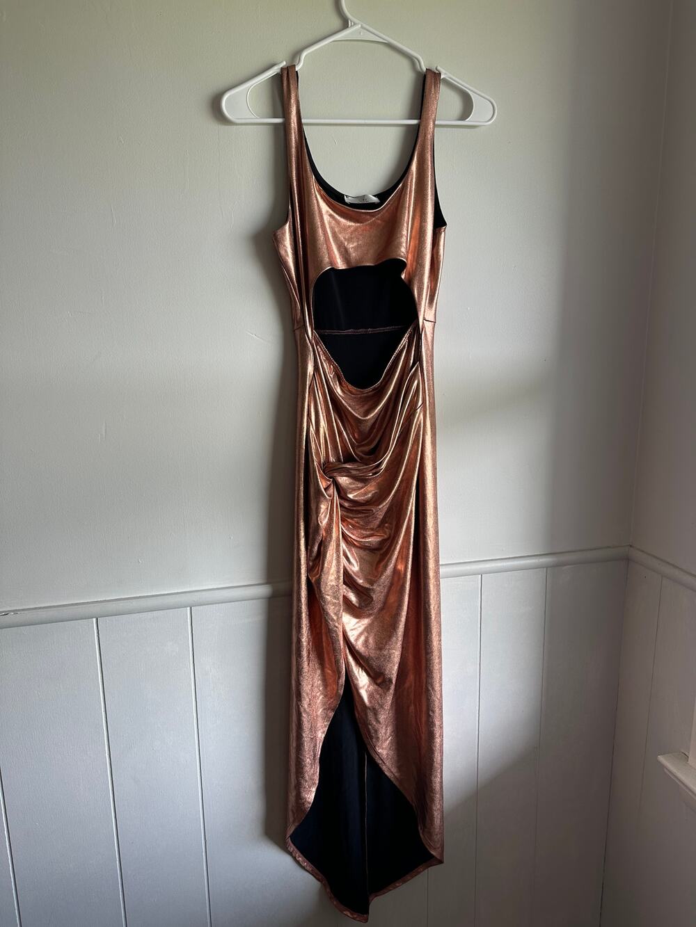 A3 DESIGN Metallic Copper Ruched Cutout Dress – Sleeveless Bodycon 47” Length